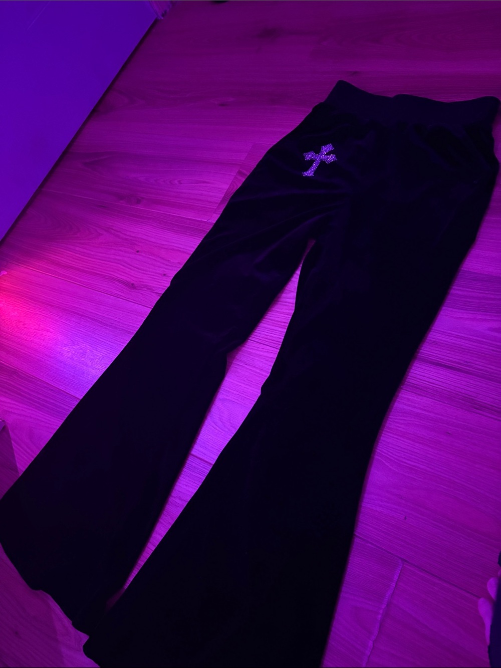 Black Velvet Boot Cut Pants with Cross Detail